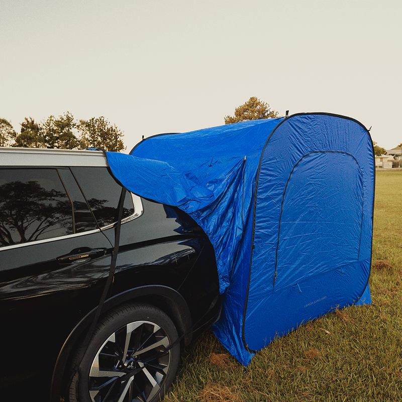 SUV rear car awning tent side view with mesh windows open