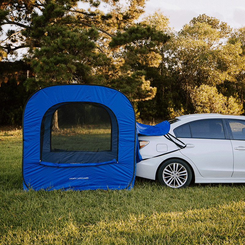 SUV car awning tent attached to rear of 4WD vehicle